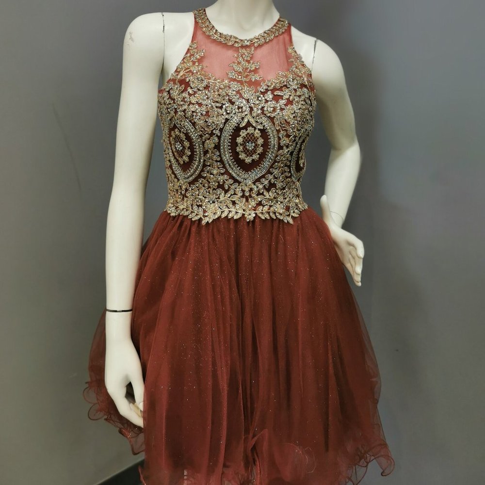 Hatler top gold and burgundy/mauve short semi jr prom dress
